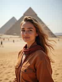 woman as digital nomad in Cairo with the Pyramids of Giza in the background