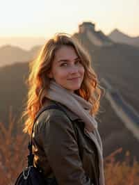 woman as digital nomad in Beijing with the Great Wall in the background