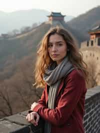 woman as digital nomad in Beijing with the Great Wall in the background