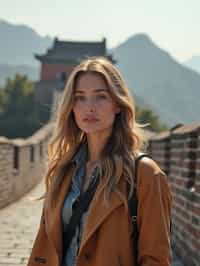 woman as digital nomad in Beijing with the Great Wall in the background