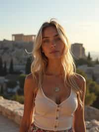 woman as digital nomad in Athens with the Acropolis in the background