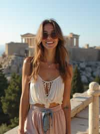 woman as digital nomad in Athens with the Acropolis in the background