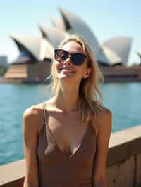 woman as digital nomad in Sydney with the Sydney Opera House in the background