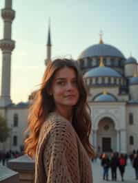 woman as digital nomad in Istanbul with The Mosque in background