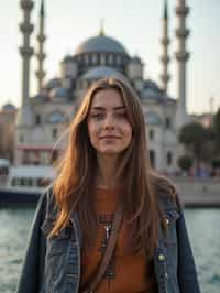 woman as digital nomad in Istanbul with The Mosque in background