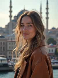 woman as digital nomad in Istanbul with The Mosque in background