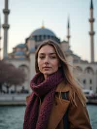 woman as digital nomad in Istanbul with The Mosque in background