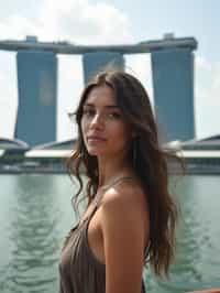 woman as digital nomad in Singapore with Marina Bay Sands in background