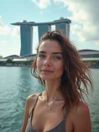 woman as digital nomad in Singapore with Marina Bay Sands in background