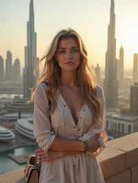 woman as digital nomad in Dubai with skyline in background