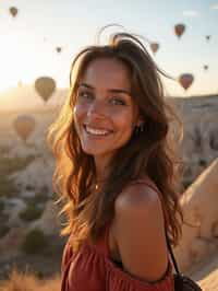 Breathtakingly woman as digital nomad with hot air balloons in the background in cappadocia, Türkiye. Cappadocia, Turkey