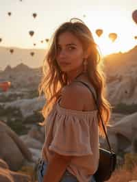 Breathtakingly woman as digital nomad with hot air balloons in the background in cappadocia, Türkiye. Cappadocia, Turkey