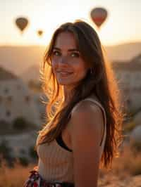 Breathtakingly woman as digital nomad with hot air balloons in the background in cappadocia, Türkiye. Cappadocia, Turkey