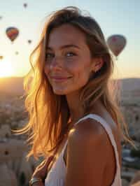 Breathtakingly woman as digital nomad with hot air balloons in the background in cappadocia, Türkiye. Cappadocia, Turkey