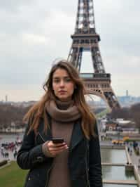 woman as digital nomad in Paris with the Eiffel Tower in background