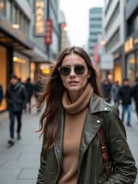 woman as digital nomad in Seoul in Gangnam in Cheongdamdong Luxury Shopping street. stores visible in background