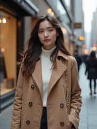 woman as digital nomad in Seoul in Gangnam in Cheongdamdong Luxury Shopping street. stores visible in background