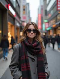 woman as digital nomad in Seoul in Gangnam in Cheongdamdong Luxury Shopping street. stores visible in background