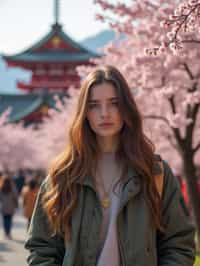 woman as digital nomad in Japan with Japanese Cherry Blossom Trees and Japanese temples in background