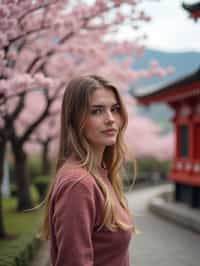 woman as digital nomad in Japan with Japanese Cherry Blossom Trees and Japanese temples in background