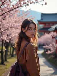 woman as digital nomad in Japan with Japanese Cherry Blossom Trees and Japanese temples in background