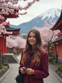 woman as digital nomad in Japan with Japanese Cherry Blossom Trees and Japanese temples in background