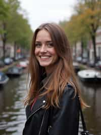 woman as digital nomad in Amsterdam with the Amsterdam Canals in background