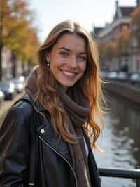 woman as digital nomad in Amsterdam with the Amsterdam Canals in background