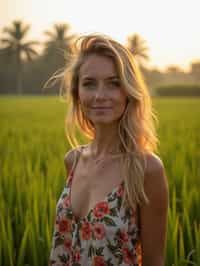 woman as digital nomad in Canggu, Bali near rice fields