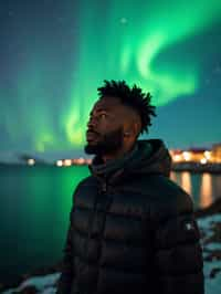 man as digital nomad in Reykjavik with the Northern Lights in the background