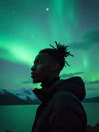 man as digital nomad in Reykjavik with the Northern Lights in the background