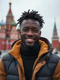 man as digital nomad in Moscow with the Kremlin in the background