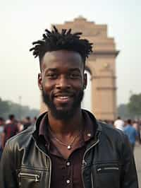 man as digital nomad in Delhi with the India Gate in the background