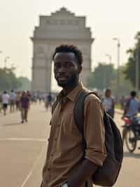 man as digital nomad in Delhi with the India Gate in the background