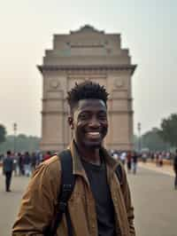 man as digital nomad in Delhi with the India Gate in the background