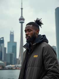 man as digital nomad in Toronto with the CN Tower in the background