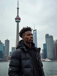 man as digital nomad in Toronto with the CN Tower in the background