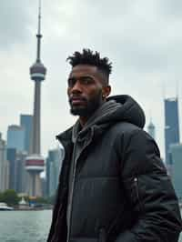 man as digital nomad in Toronto with the CN Tower in the background