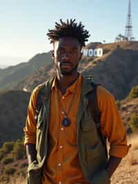 man as digital nomad in Los Angeles with the Hollywood sign in the background