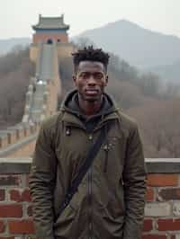 man as digital nomad in Beijing with the Great Wall in the background