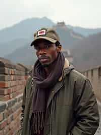 man as digital nomad in Beijing with the Great Wall in the background