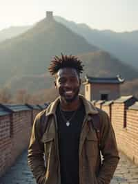 man as digital nomad in Beijing with the Great Wall in the background