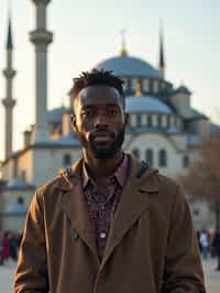 man as digital nomad in Istanbul with The Mosque in background