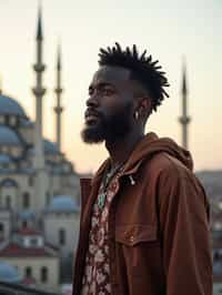 man as digital nomad in Istanbul with The Mosque in background