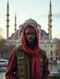 man as digital nomad in Istanbul with The Mosque in background