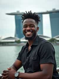 man as digital nomad in Singapore with Marina Bay Sands in background