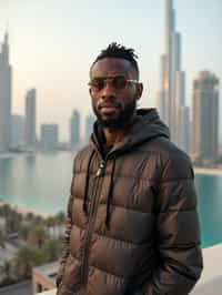 man as digital nomad in Dubai with skyline in background