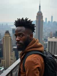 man as digital nomad in New York City with Manhattan in background