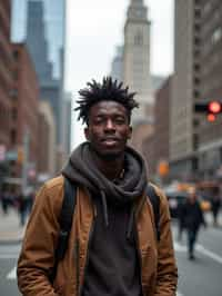 man as digital nomad in New York City with Manhattan in background