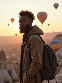 Breathtakingly man as digital nomad with hot air balloons in the background in cappadocia, Türkiye. Cappadocia, Turkey